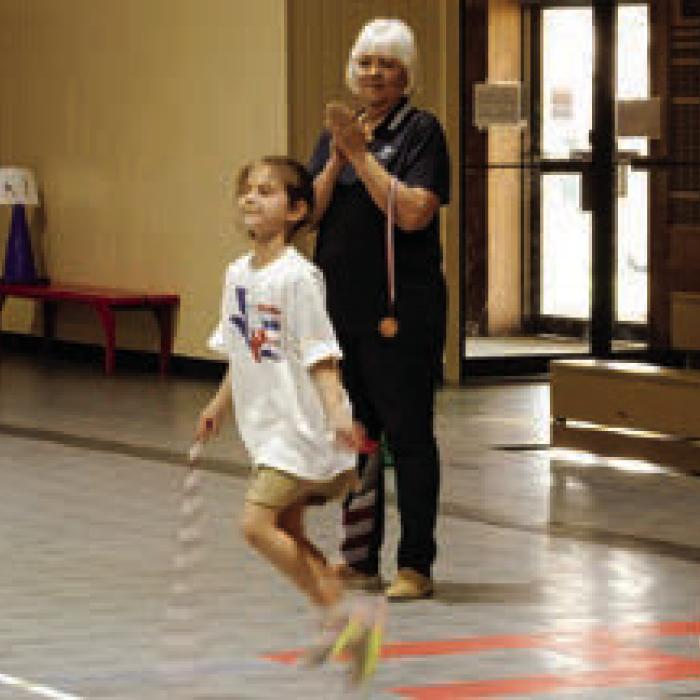 Bailey Tousek was the last student standing in the jump rope contest and won first place. Photos by Andy Behlen