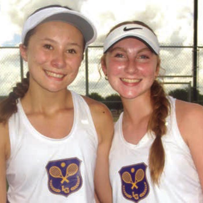 Eleanor Carey and Ella Nygren, who defeated Caldwell’s #1 girls doubles team in three sets Monday.