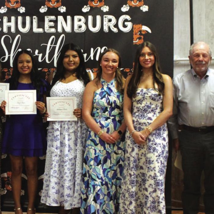 Left to right – Ruby Rodriguez, 2025 WJBS Scholar; Aidan Mendez; Jailyn Guerrero; Daysi Rico; Shalanie Olvera; Mikayla Otto, 2025 WJBS Scholar; Fay Kutac, 2025 WJBS Scholar; Bob Srubar, WJBS Scholarship Committee Member; Theodore Stanzel.