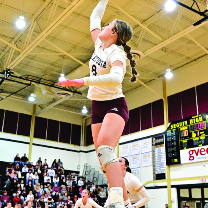 Greenli VanZandt goes up for a hit for Flatonia Thursday in Sequin in the regional semifinals against Johnson City. Photo by Stephanie Steinhauser