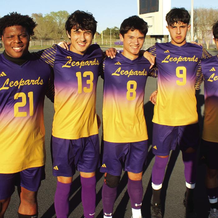 The seniors on the La Grange boys soccer team gathered for this group photo before their final game of the season Monday at home. Left to right: Jaylances Johnson, Saige Walter, Orlando Solorzano, Xavier Ortiz, Anthony Soto. Not pictured was one more senior player, Alejandro Ramirez, who was in New York with the Leopard Band playing at Carnegie Hall. Photo by Jeff Wick