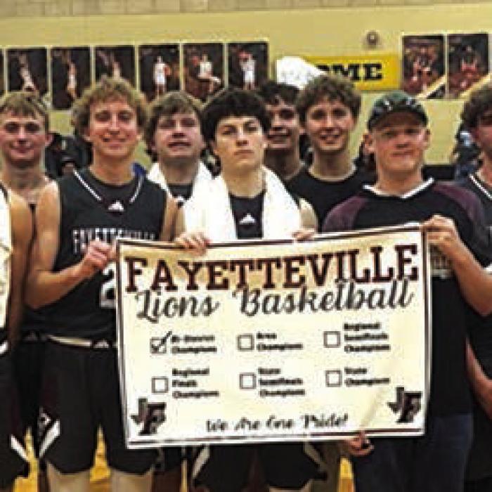 The Fayetteville boys celebrate their playoff victory Tuesday in Giddings.