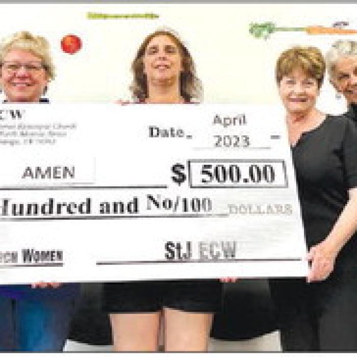 St. James ECW donated $500 to the AMEN Food Pantry. ECW 2023 donations made to other organizations include: Holy Rosary Catholic Church, St. Paul Lutheran Youth Group, Fayette County Community Theatre and Hospice Brazos Valley. Pictured from left are Sue Spaulding, Jane Malik, Cassie Girard (AMEN President), Fran Mason, Julie Ardery, and Chuck Gibson.