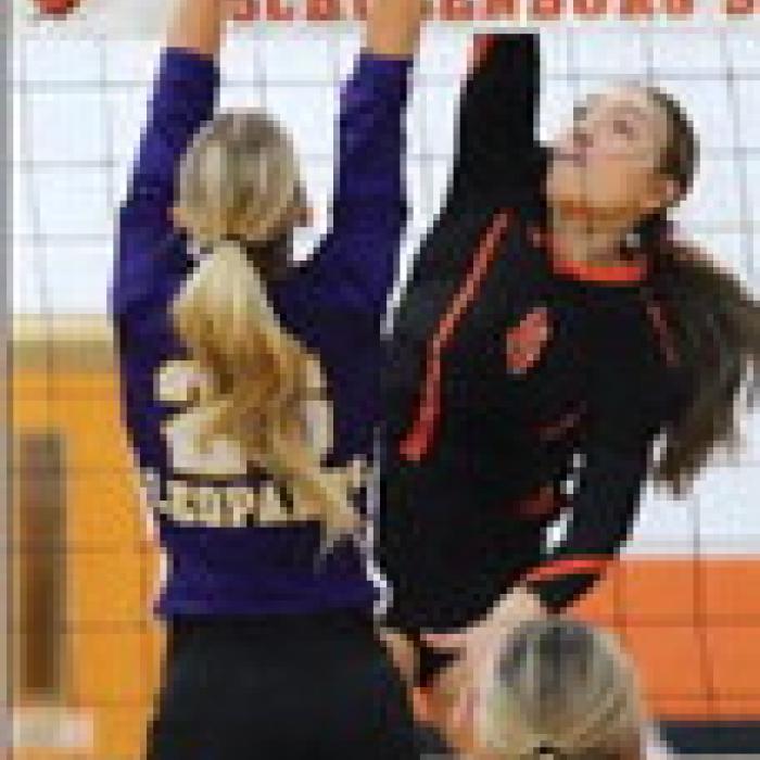 Schulenburg's Greenli Van-Zandt spikes the ball Friday against La Grange. Photo by Audrey Kristynik