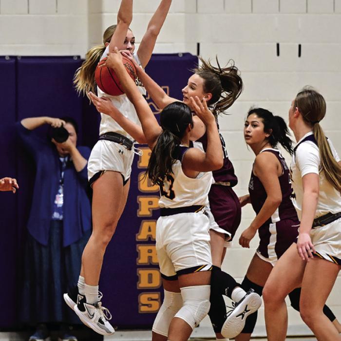 La Grange’s Kylie Trlicek jumps high on defense Friday. Photo by Stephanie Steinhauser