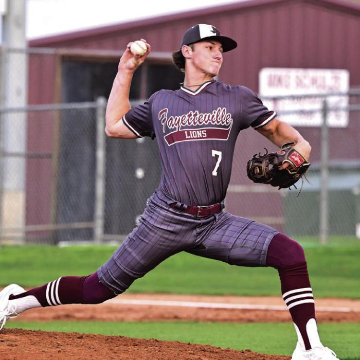 Fayetteville’s Jack Schley pitches in Tuesday’s victory over Flatonia. Photo by Stephanie Steinhauser