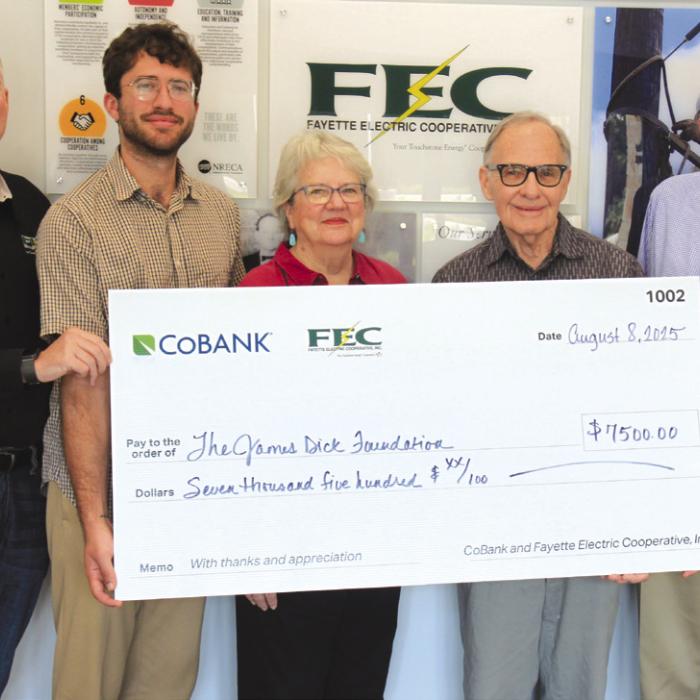 The James Dick Foundation for the Performing Arts received a $7,500 grant from FEC and Co-Bank. Pictured above are FEC General Manager/CEO Doug Lambert, Round Top Festival Institute Program Director Iverson Eliopoulos, Round Top Festival Institute Associate Curator of Collections Pat Johnson, Round Top Festival Institute Founder &amp; Artistic Director James Dick, and Round Top Festival Institute Managing Director Lamar Lentz.