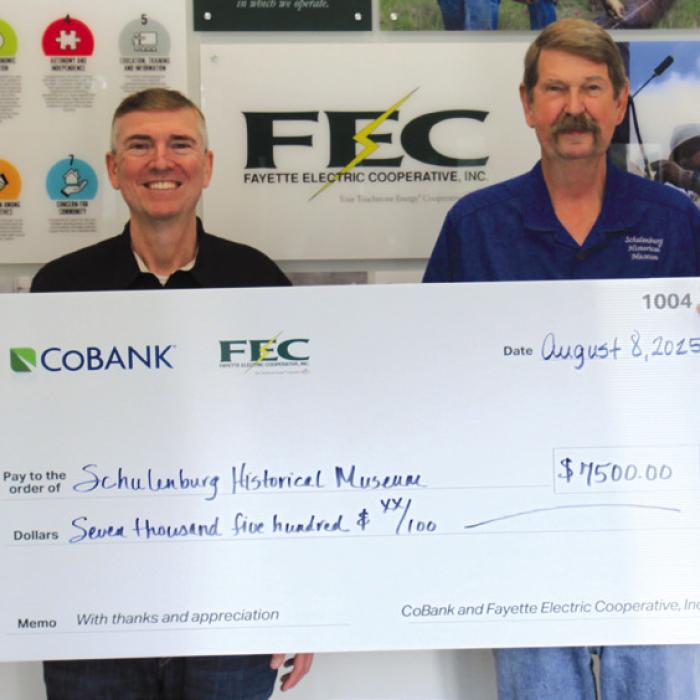 The Schulenburg Historical Museum received a $7,500 grant from FEC and CoBank. Pictured above is FEC General Manager/ CEO Doug Lambert and the Schulenburg Historical Museum Board President David Carpenter.