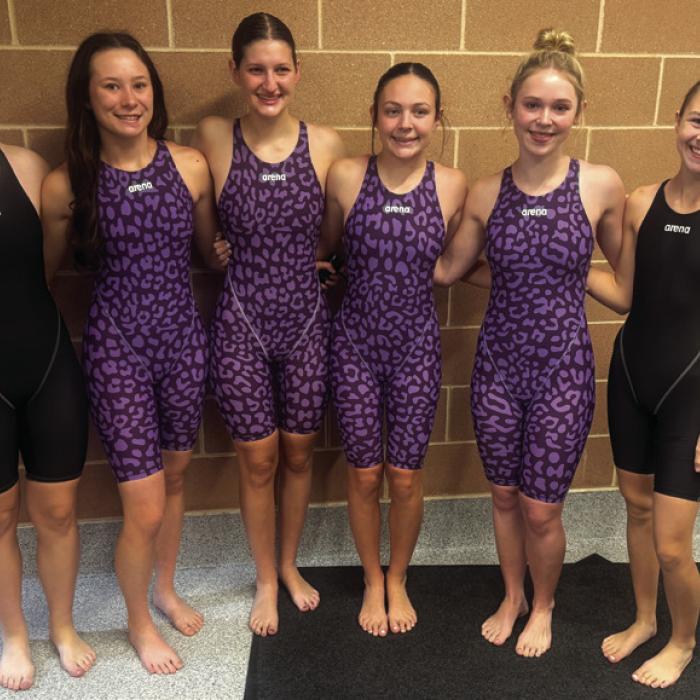The La Grange swimmers at state – left to right, Makenna Emmel (alternate), Eleanor Carey, Elena Supak, Adysen Janacek, Lyria Hartley and Lillian Carey (alternate).