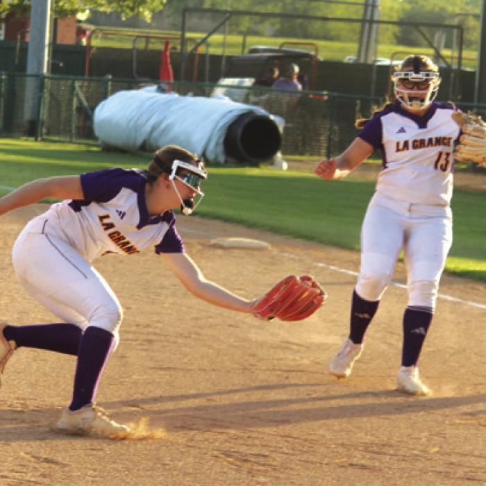 La Grange’s Brooke Ulrich makes a running catch on this pop-up from Caldwell Tuesday.