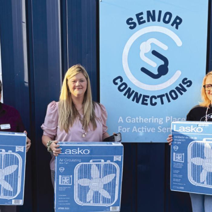 Senior Connections appreciates those who donated to the fan drive. Sixteen fans were given away. Nancy Parrish and Mike Hoelscher, August and Mary Kalinec, Kim and Carl Penland donated fans. Pictured here are three representatives from local organizations that supported the drive. Shannon McBride with Elara Caring, Melissa Steinbach with Avir (previously Care Inn), and Lauren Quinn with Hospice Brazos Valley.