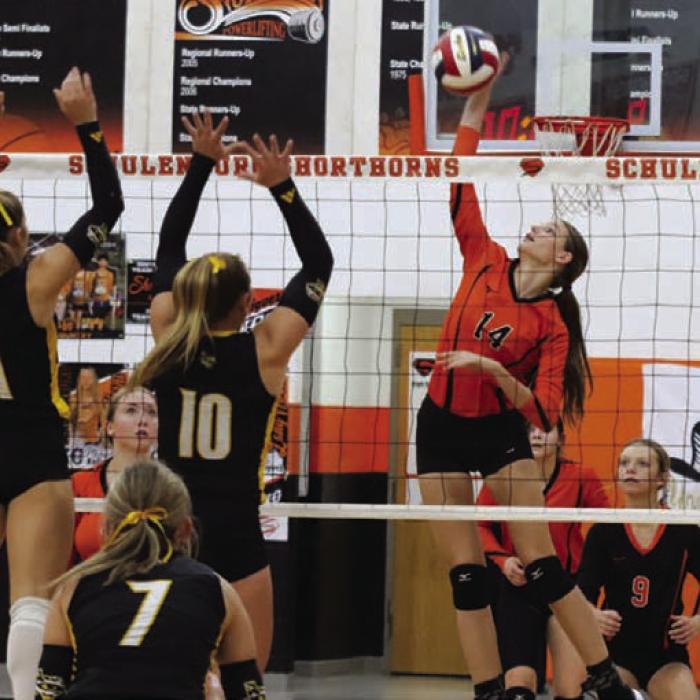 Schulenburg’s Emmrie Marx spikes the ball in Friday’s win over Sealy. Photo by Audrey Kristynik