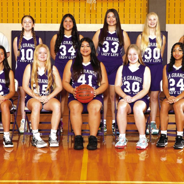 8th Grade B Team: Overall (9-5, 1 tie), District (8-1, 1 tie) Tie for 1st Place District; Back row: Coach Hannah Gerecke, Paisley Greenwood, Byntlee Bishop, Pharen Muniz, Hannah Anderson, Jazlyn Torres, Millie Stephens: Front row: Eliza Luna, Raylee Gutierrez, Blair Gooch, Adrianna Luna, Julia Melton, Ally Salinas, Chloe Menconi (Not pictured: Briella Veitch)