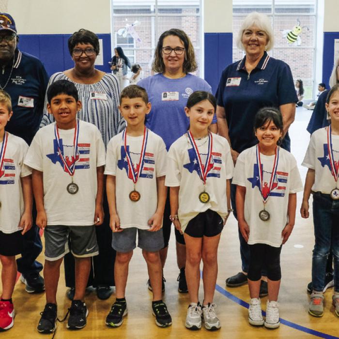 Winners of the La Grange Elementary Jumpathon were (front, from left) Boys’ Division - 1st Place Brantley Koehl, 2nd Place Giovani Orona and 3rd Place Krugher Smidovec; Girls’ Division - 1st Place Everly Herbrich, 2nd Place Jalen Salas and 3rd Place Vivian Roesler. Also pictured are the contest organizers (back, from left) Jeff Kelly, La Grange Mayor Jan Dockery, Misty Touchet, Lisa Hayes and Karen Forest.