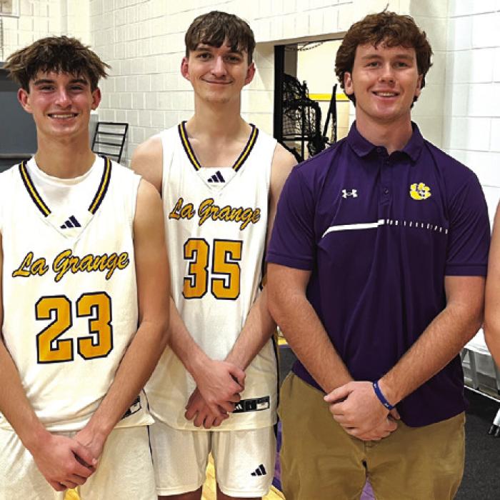 La Grange senior basketball players, left to right, after Tuesday’s victory – Scott Davis, Mason Kleiber, Caleb Stokes, Oliver Gunn and Cole Collier. Photo by Jeff Wick