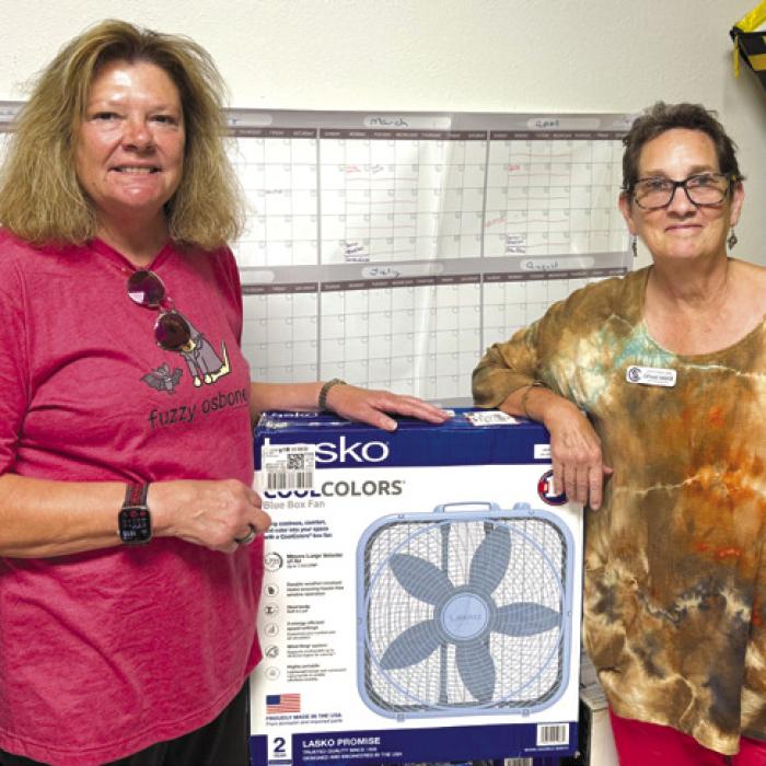 Our thanks to Nancy Hoelscher Parrish and Denise Hoelscher Koenig (not pictured) for their recent donations to Senior Connections. Nancy is pictured with Program Director Stephanie Shroyer with six fans they donated for the Fan Drive, scheduled for Aug. 28.