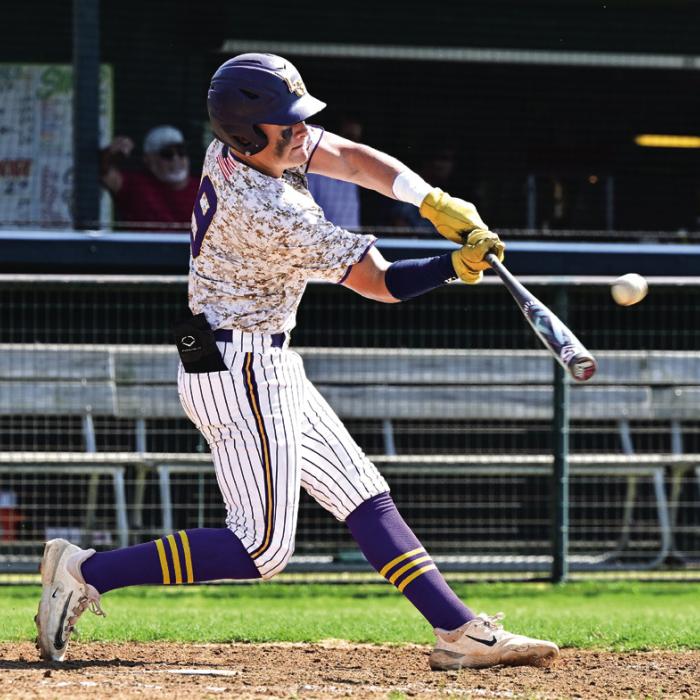 La Grange’s Hunter Sabo connects with the ball that he would launch for a go-ahead home run in Game 2 of last week’s series against Sealy. Photo by Stephanie Steinhauser