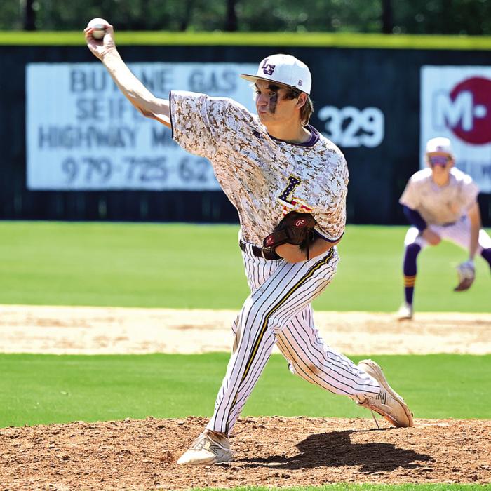 La Grange’s Braxton Dahse pitched 5.2 innings of scoreless ball to help the Leps to a Game 3 victory in the playoff series against Sealy last week. Photo by Stephanie Steinhauser