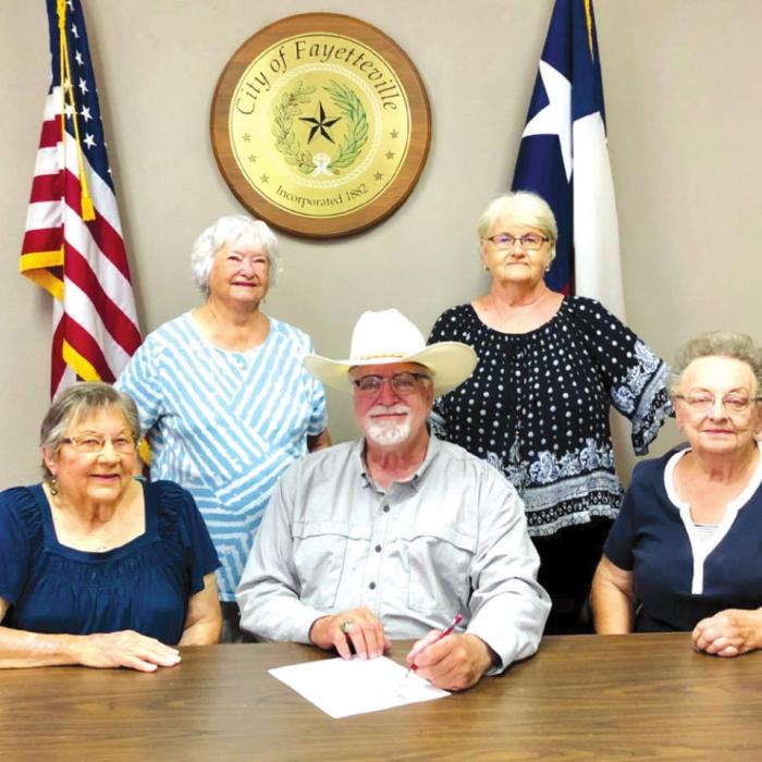 KJZT ladies with Mayor Mike Stroup (from left): Mary Jane Toddi, Rose Rhode, Mike Stroup, Lois Kaspar and Helen Wied.