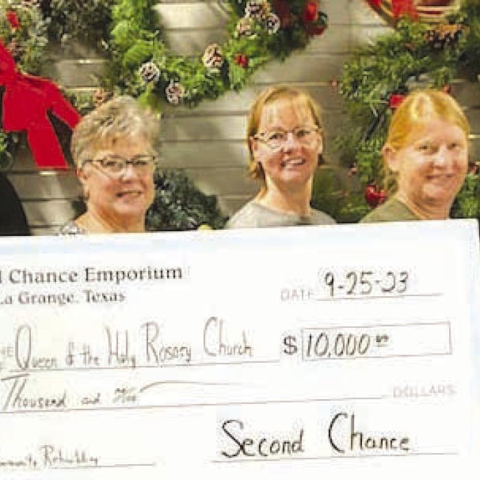 Second Chance Emporium (SCE) recently donated $10,000 to the Queen of the Holy Rosary Church. These funds represent a community rebuilding grant for the Catholic Church in Hostyn. Pictured (from left) are Father Felix Twumasi and Edith Zapalac, Queen of the Holy Rosary Church; Nancy Hajek, SCE Church Coordinator; Marlene Schnell, SCE Assistant Store Director and Gayle Schielack, SCE Store Director.
