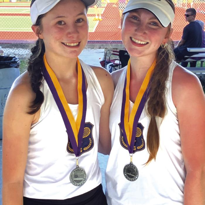 La Grange’s Eleanor Carey, left, and Ella Nygren, right, placed second in girls doubles at the Shiner Tennis Tournament Tuesday.