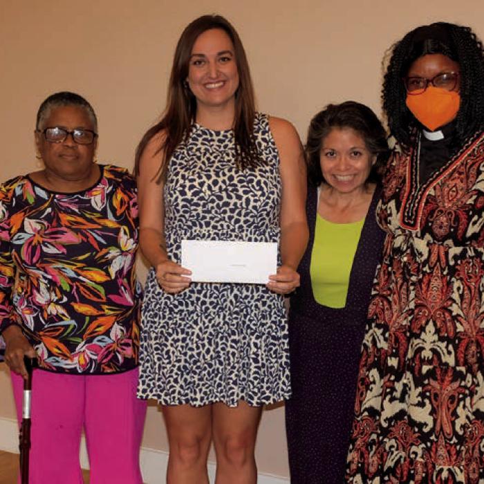 Tamara Freedman presented a grant check to Stevens Chapel, United Methodist Church, represented by Janice Collins, Elaine Hernandez and Pastor Pamela Sattiewhite.