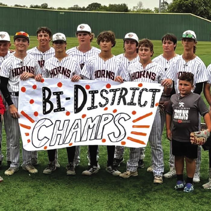 The members of the Schulenburg baseball team celebrate their Bi-District title Thursday in Hallettsville.