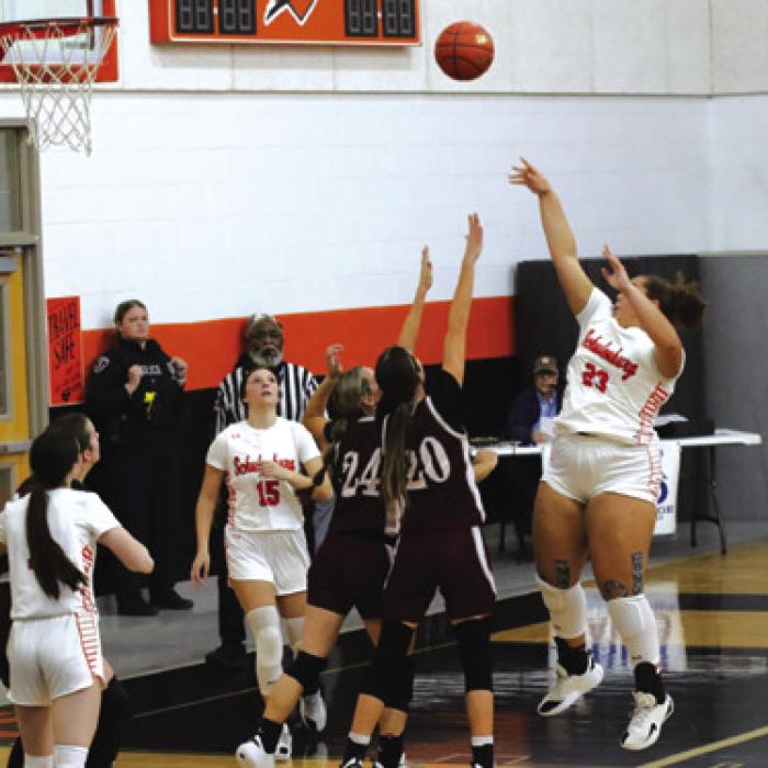 The Schulenburg girls basketball team beat Louise 100-8 Friday as the Lady Horns improved to 20-8 overall and 5-3 in district. Here Schulenburg’s Arianna Vincent takes a shot last week against Flatonia. Photo by Audrey Kristynik