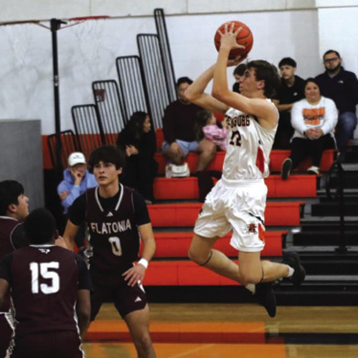 The Schulenburg boys basketball team beat Louise 90-30 Friday as the Horns improved to 5-1 in district. Here Schulenburg’s Van Prihoda takes a shot against Flatonia last week. Photo by Audrey Kristynik