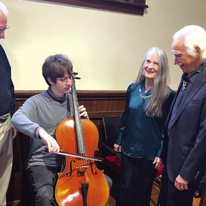 Left to right: Rev Ken Kesselus, cellist Luke Huser, music directors Mary and Don Kirby