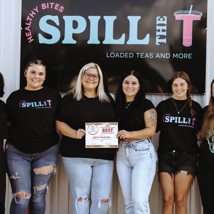 Spill the T Group photo: left to right - Shauntaisha (Taisha) Blackwood, Madelynn Peter, Tiffany Peter (owner), Halie Johnson (general manager), Kaytelynn Allen and Madison Proske.