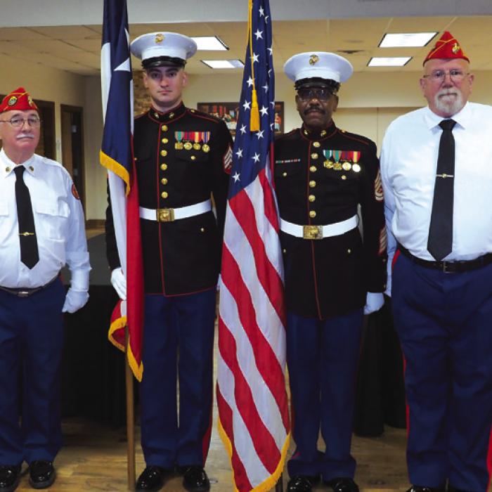 This the Color Guard provided by Marine Corps League Detachment 1028. Left to right are Richard Chance (Commandant), Montana Ollie, Willie Mathews, and David Wyman.