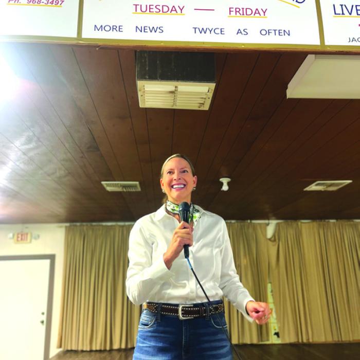 Hundreds were in attendance Saturday for a Town Hall meeting with Round Top’s newly elected mayor, Judith Vincent (above) at the Rifle Hall. Discussion centered on the vision and priorities for the town. Photo courtesy of Craig Moreau