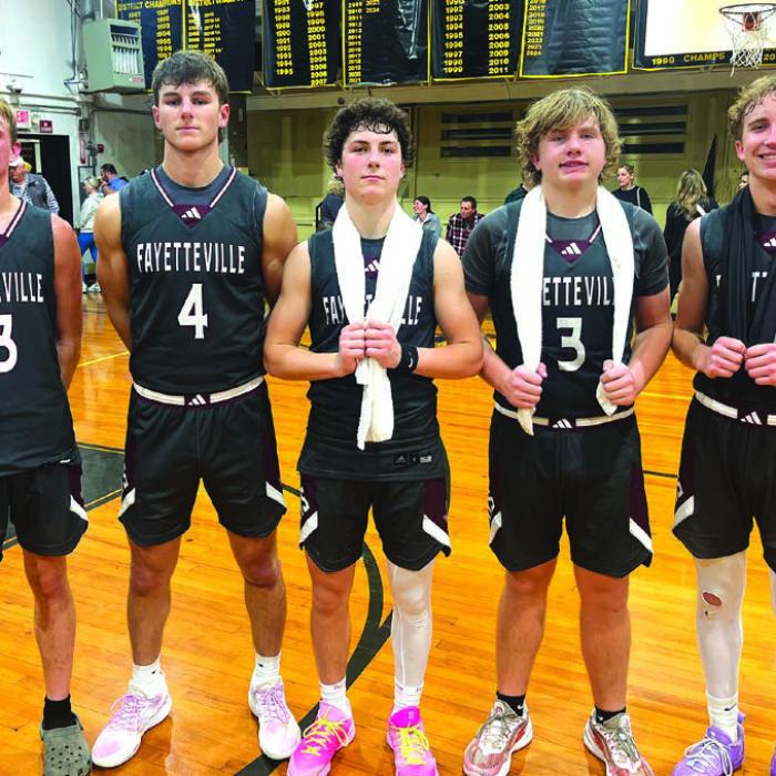 The five seniors on the Fayetteville basketball team are shown here after Friday’s 100-43 victory over RTC. They are, left to right, Cole Jurecka, Jack Schley, Mason Fenhaus, Kasen Kocian and Kole Schmitt. Photo by Jeff Wick