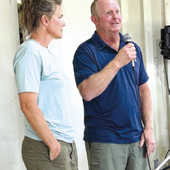 Breck and Jeannine Powers from Bluff Creek Ranch in Warda, the first mountain bike ranch in Texas, were speakers at the Neighbors Night Out.