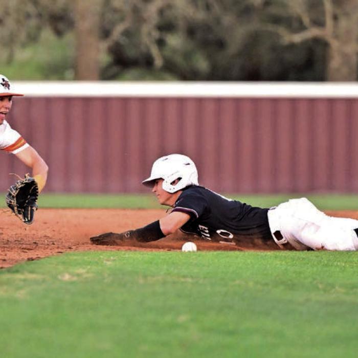Flatonia senior Titan Targac beats the throw to second in Tuesday’s victory over Schulenburg. Photo by Stephanie Steinhauser