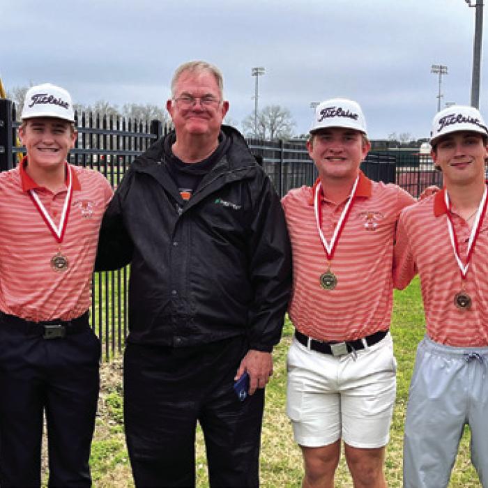 The Schulenburg golf team placed 3rd last week at the Columbus Tourney and 1st place individual was Shorthorn Brycen Schramek. Shown here is Jayse Janda, Brant Redman, Reid Janda, Coach Hoogendoorn, Brysen Schramek, Cooper Demel, Van Prihoda.
