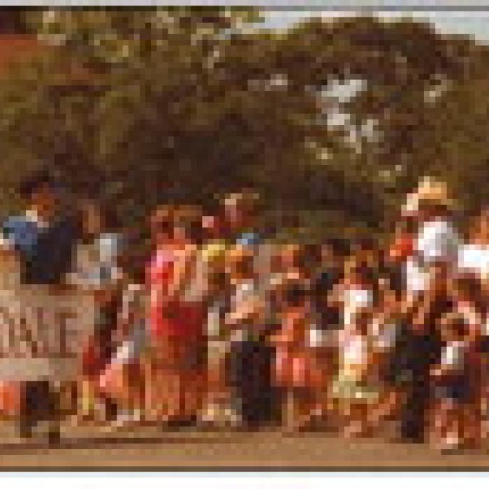 Photograph of three men carrying a Shakespeare at Winedale banner during the Fourth of July parade at Round Top in 1983.