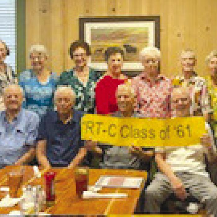 Pictured front from left: Nelson Aschenbeck, Benny Hajdik, Lanny Havemann, Leonard Meinkowsky, Teddy Hajdik, James Zwernemann, and Wayne Wagner; back: Marilyn Ullrich Oevermann, Jeanette Pfeiffer Schoenst, Shirley, Foehr Cantrell, Delores Albers Bayer, LaVerne Aschenbeck Albers, Fay Neutzler Weigelt, Delores Goehring Neutzler, MaeDell Zwernemann Hanath, Patsy Klatt Delk, Pauline Sommerlatte Zwernemann, and Wilton Schoenst.