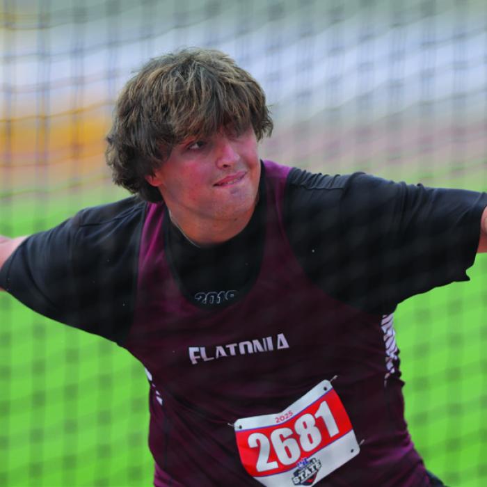 Flatonia’s Zachary Charanza throws his way to a state bronze in the 2A discus Friday. Photo by Stephen Spillman