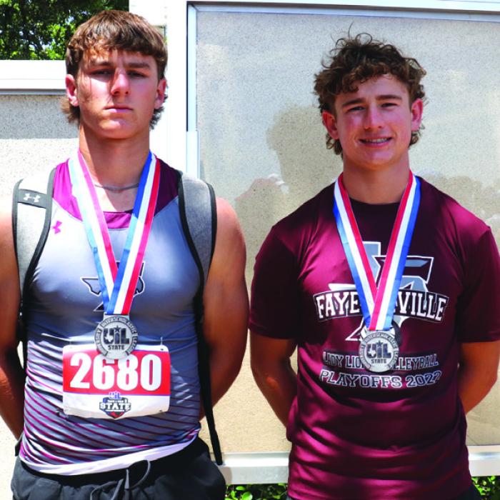 Fayetteville’s Jack Schley, left, won state silver in the triple jump, and Lawson Fritsch, right, won state silver in the pole vault Saturday. Photo by Amy Fritsch