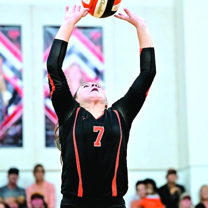 Schulenburg’s Landry Zapalac sets a ball on Tuesday’s victory over Flatonia. Photo by Stephanie Steinhauser