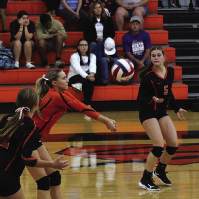 Schulenburg’s Jenna Guentert bumps the ball in action in Tuesday’s victory over Shiner. Photo by Audrey Kristynik