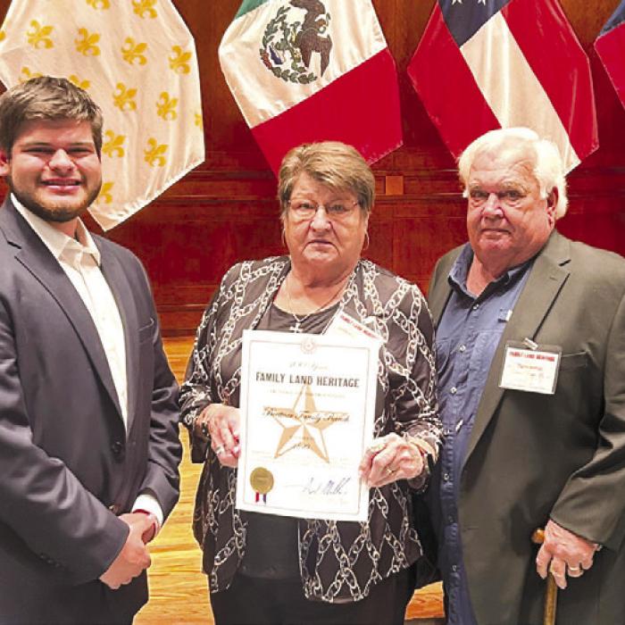 Pictured here are Charles and Sandra Beettner, their sons, Charles Beettner, Jr. and Steven Beettner and seventh generation owner Therren Beettner, son of Charles Beettner, Jr. They were recognized recently as a part of the Texas Family Land Heritage Program for having a working family farm for 100 years or more.