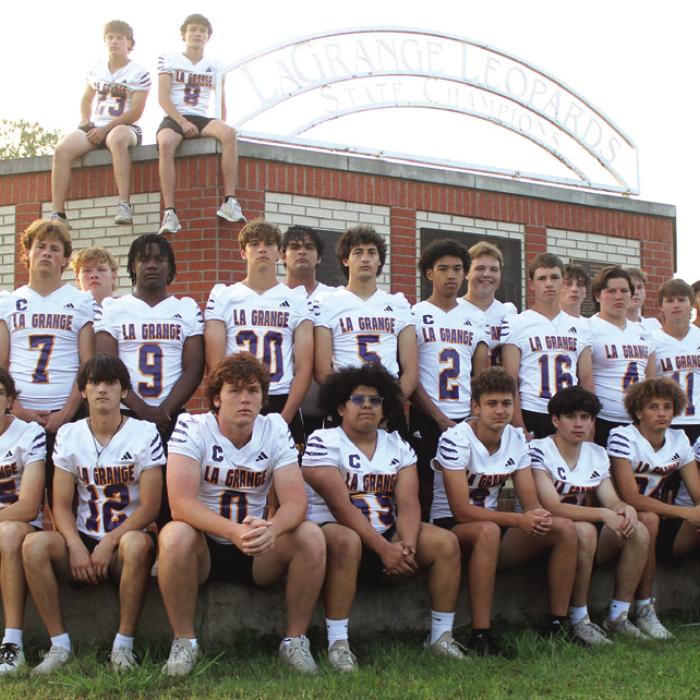 The juniors and seniors on the La Grange football team posed at the school’s state title monument for this photo in the spring that ended up being used as the cover of the special Leopard-themed Dave Campbell’s Texas Football Magazine. Photo by Jeff Wick