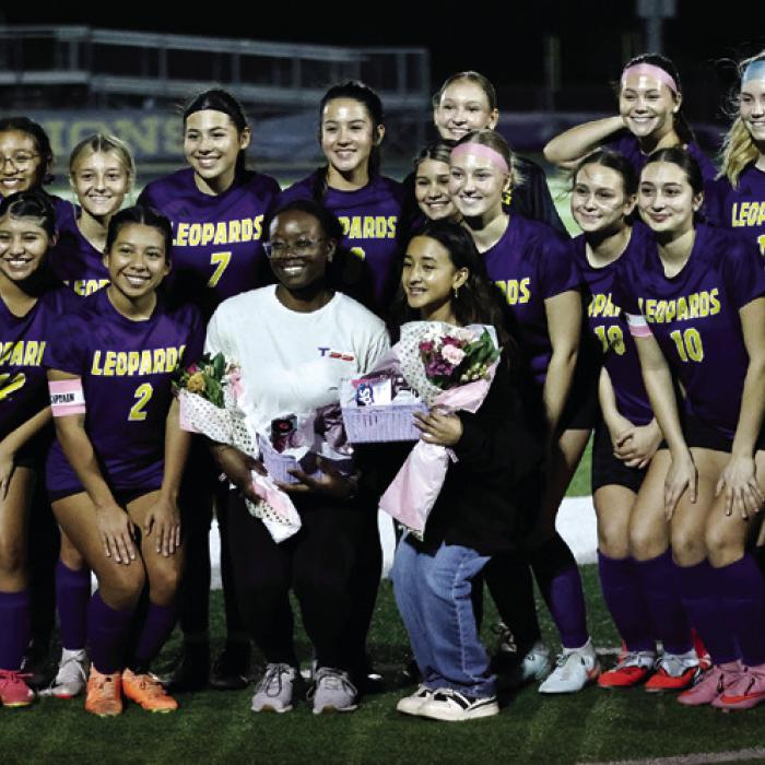 Friday was Manager Appreciation Night for the Lady Leps Soccer program. Before kickoff, seniors Jazzmin Coleman and Susi Ramirez (pictured center holding flowers) were recognized for their multi-year contributions to the Lady Leps Soccer. Photo by Gabriella Castillo