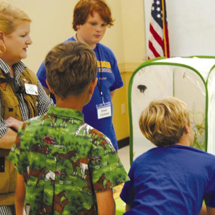 Campers view live butterflies with Master Gardener and butterfl