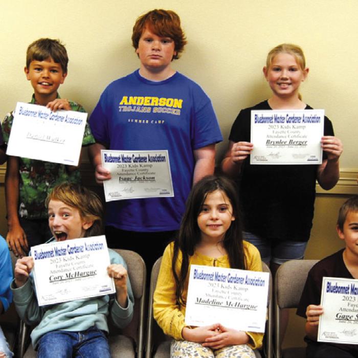 2023 Kids Kamp Fayette County graduates pictured front from left: Kash Alberthal, Cory McHargue, Madeline McHargue, Gage Smrkovsky, (back) Beckett Samples, Daniel Walker, Isaac Jackson, Brynlee Berger and Lennox Samples.