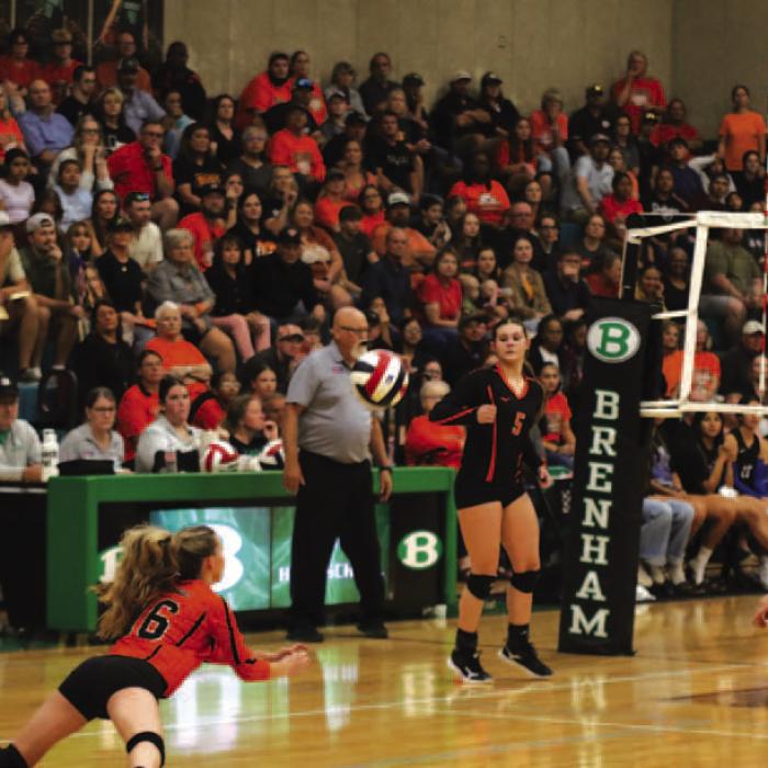 With a sea of Schulenburg fans in the background, Lady Horn Jenna Guentert makes a diving dig in Saturday's state semi. nal match in Brenham. Photo by Audrey Kristynik