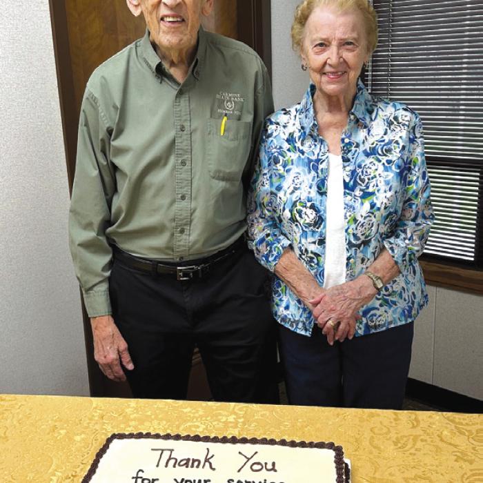 Carmine State Bank honored Gilbert Krause with a retirement reception on Saturday July 12. Mr. Krause served on the Board of Directors at the bank for 22 years. He is pictured with his wife, Dorothy.